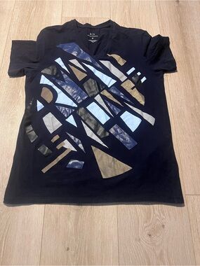 A/X Armani Exchange Black V-Neck Tee with Metallic Geo Print